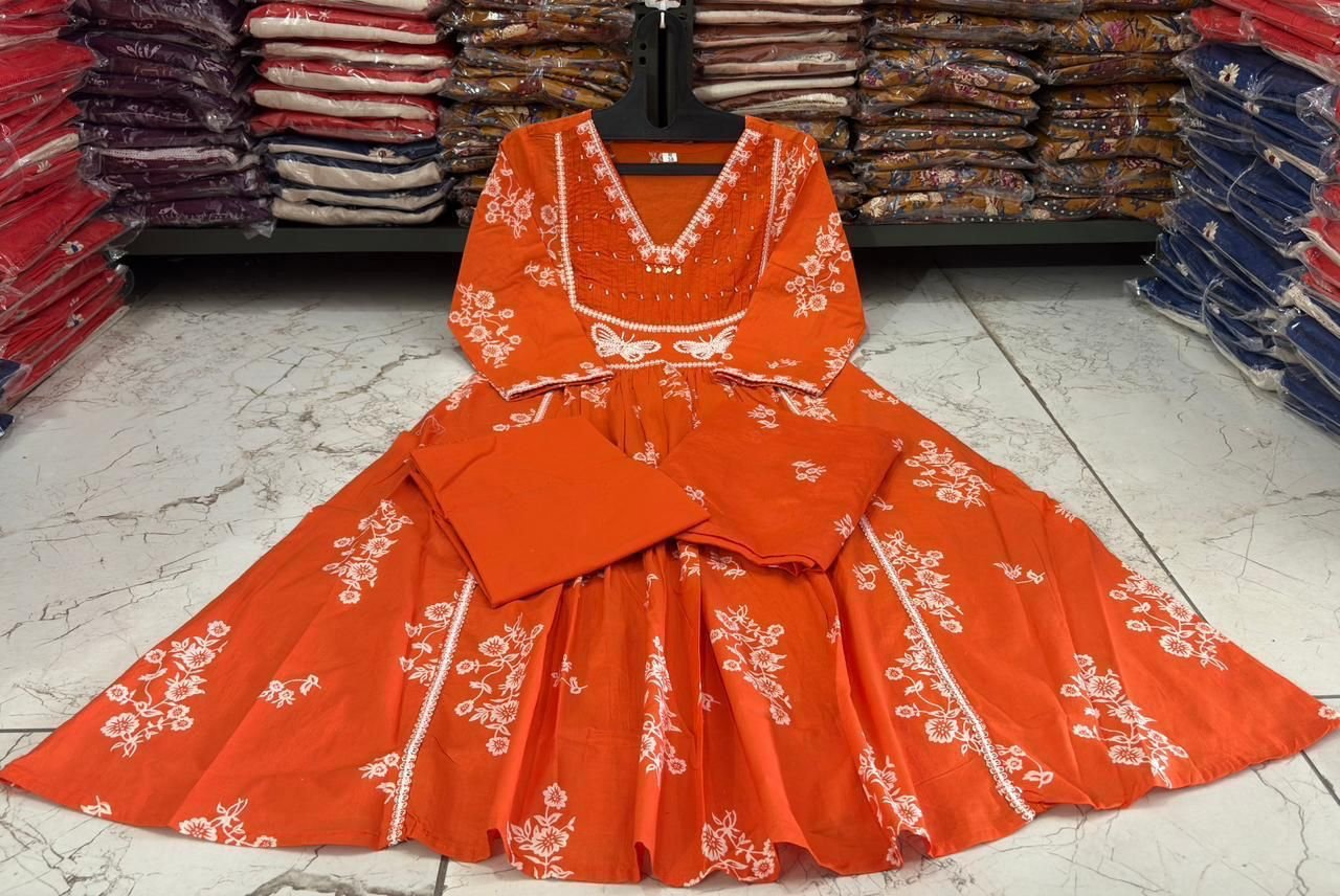 Orange Cotton Discharge Printed Suit Set with Embroidery